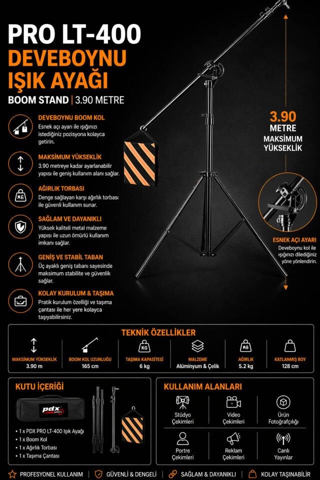 PDX PRO LT-400 Deveboynu Işık Ayağı | Boom Stand | 390 CM