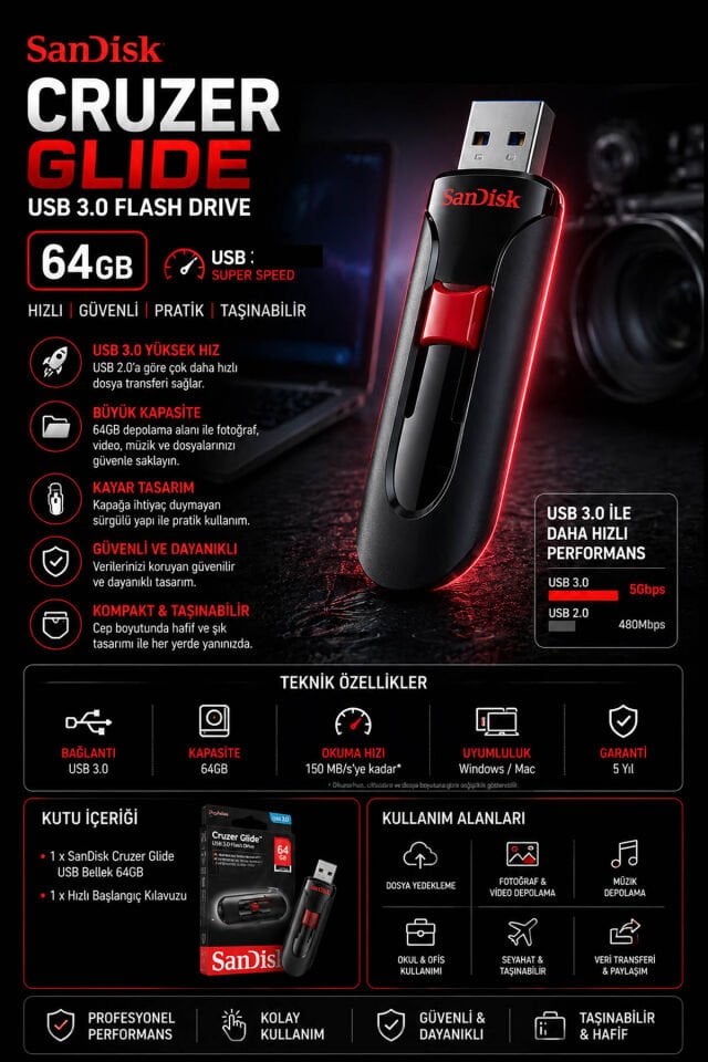 SanDisk Cruzer Glide USB Flash Bellek 64GB | USB 3.0 | Hızlı Veri Aktarımı