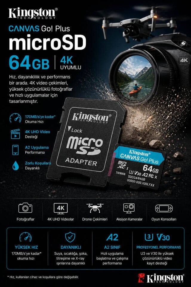 Kingston Canvas Go Plus microSD 64GB | 4K Uyumlu