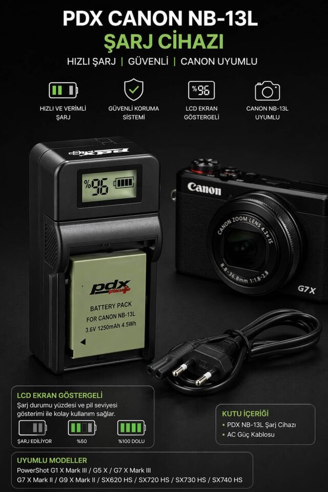 PDX Canon NB-13L Şarj Cihazı | Hızlı Şarj | Canon Uyumlu