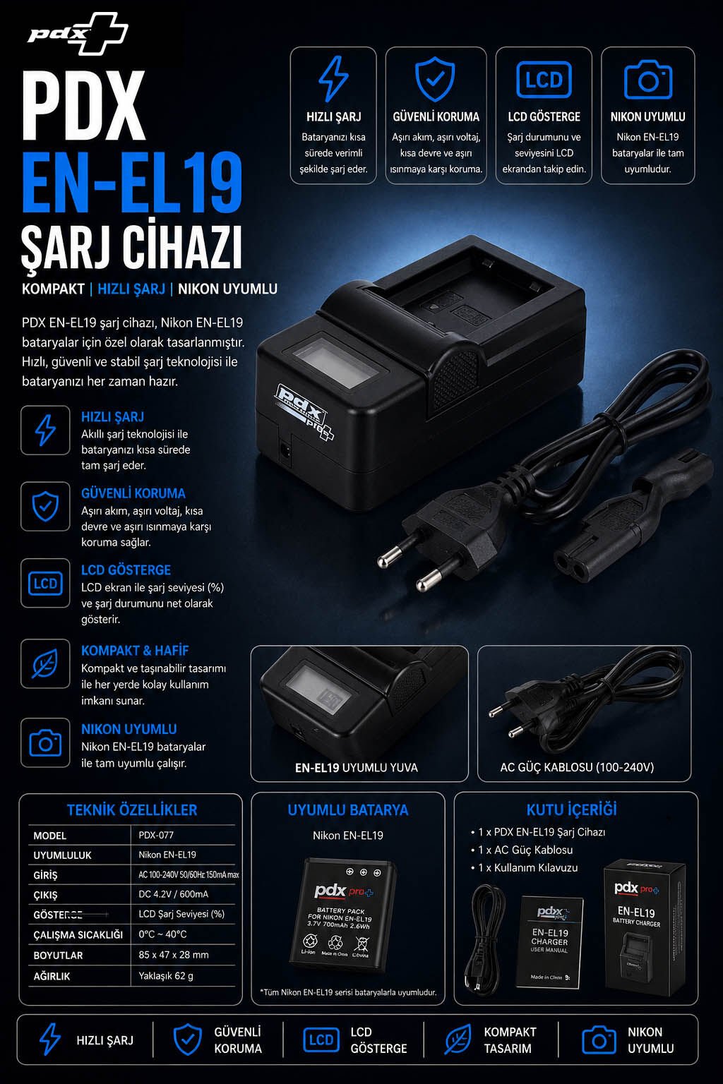 PDX Nikon EN-EL19 Şarj Cihazı