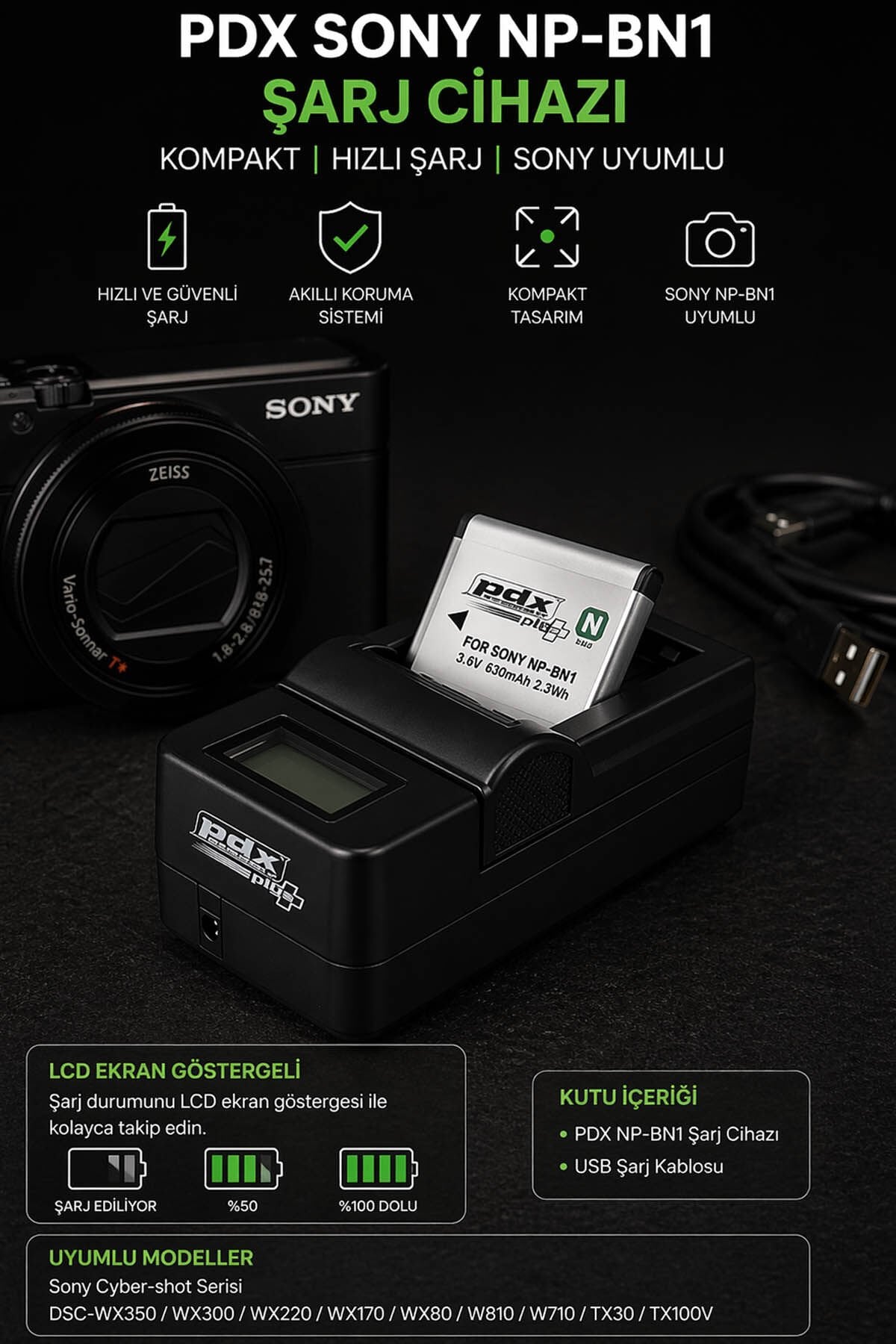 PDX Sony NP-BN1 Şarj Cihazı