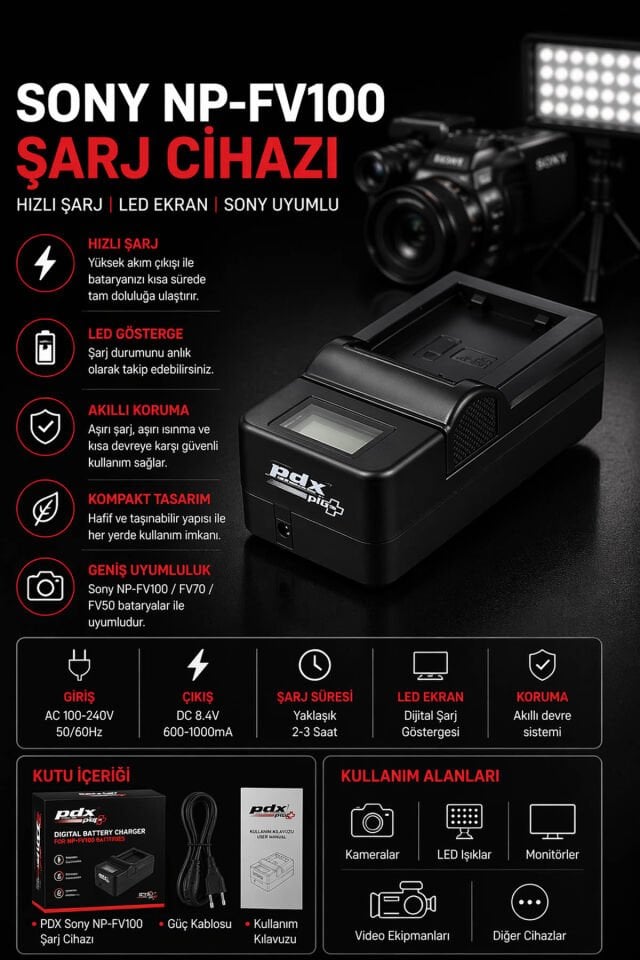 PDX Sony NP-FV100 Şarj Cihazı | Hızlı Şarj | Sony Uyumlu