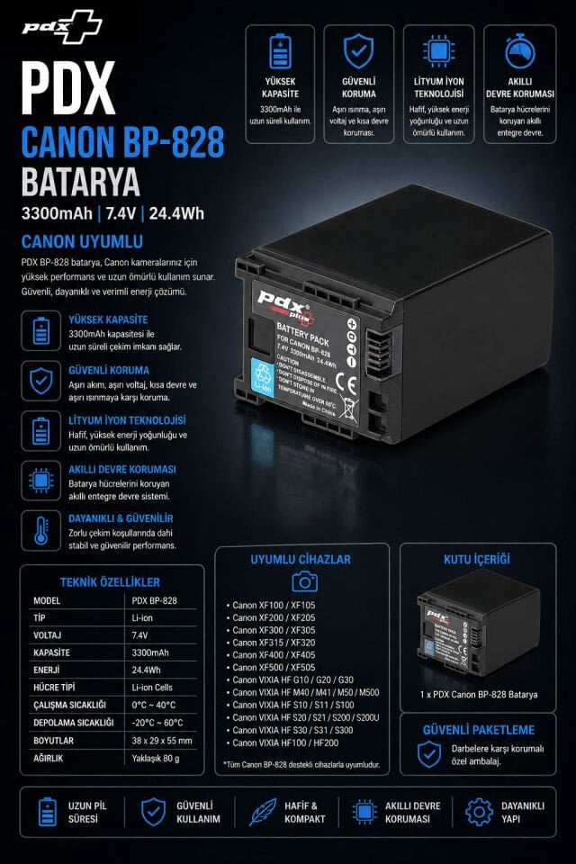 PDX Canon BP-828 Batarya | 3300mAh | Canon Uyumlu