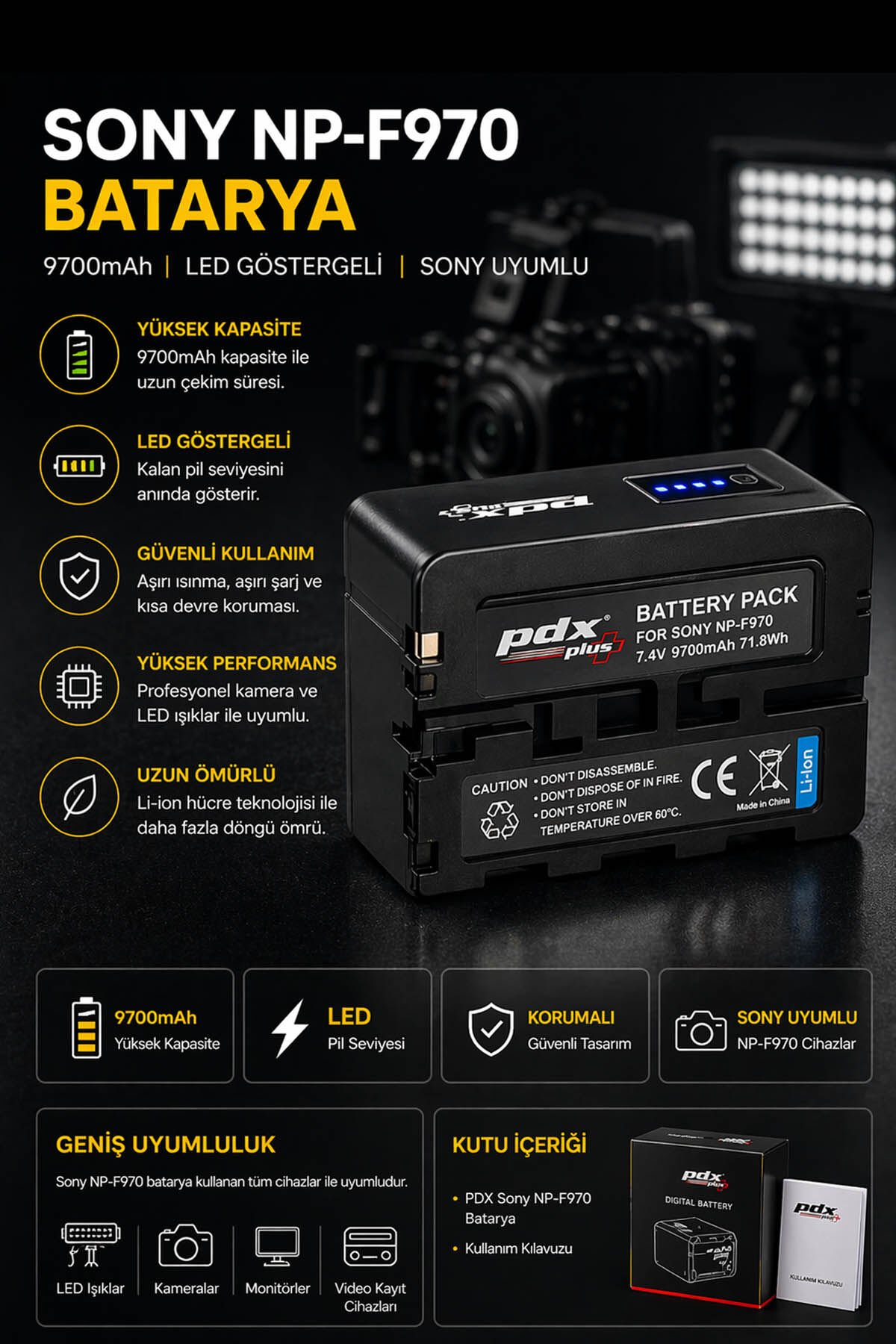 PDX Sony NP-F970 9700mAh LED Göstergeli Batarya