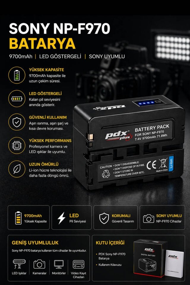 PDX Sony NP-F970 Batarya | 9700mAh | LED Göstergeli
