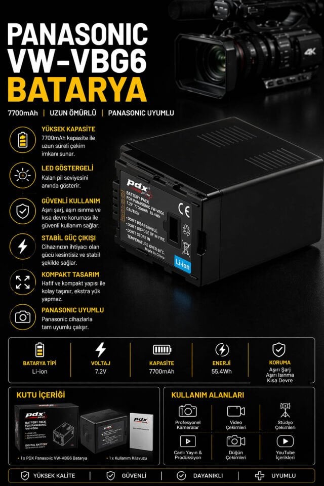 PDX Panasonic VW-VBG6 Batarya | 7700mAh | Panasonic Uyumlu