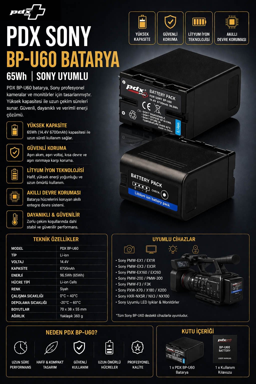 PDX BP-U60 Sony Uyumlu Batarya