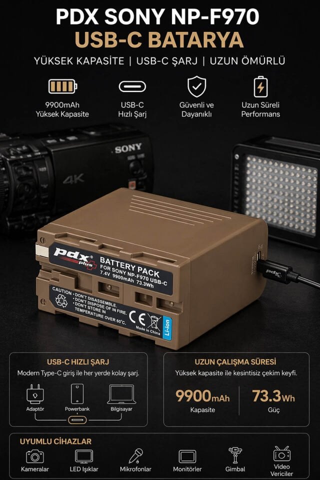 PDX Sony NP-F970 USB-C Batarya | 9900mAh | USB-C Şarjlı