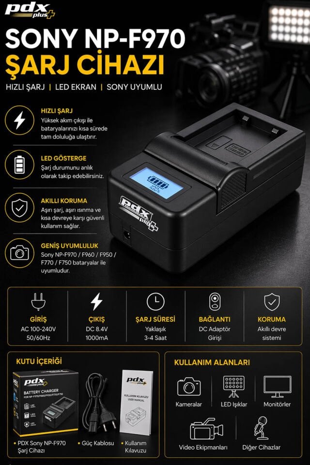 PDX Sony NP-F970 Şarj Cihazı | Hızlı Şarj | Sony Uyumlu