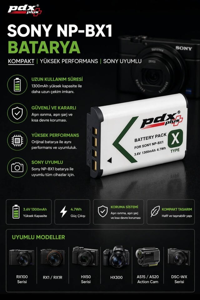 PDX Sony NP-BX1 Batarya | Kompakt | Sony Uyumlu