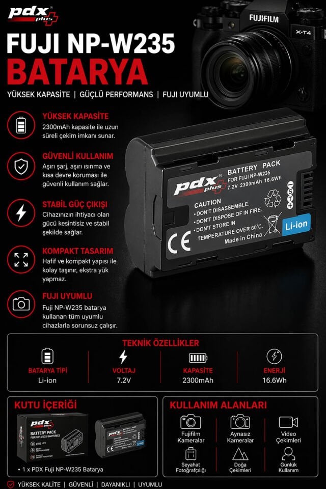 PDX Fuji NP-W235 Batarya | Yüksek Kapasite | Fuji Uyumlu