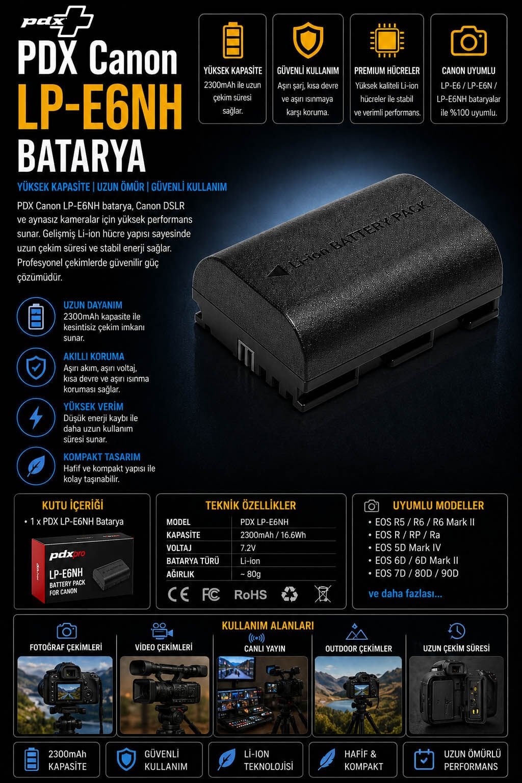 PDX Canon LP-E6NH Batarya | Yüksek Kapasite | Canon Uyumlu