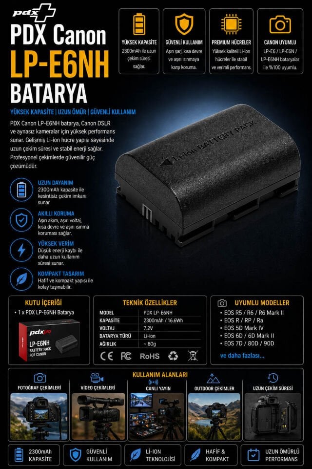 PDX Canon LP-E6NH Batarya | Yüksek Kapasite | Canon Uyumlu