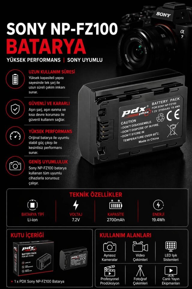 PDX Sony NP-FZ100 Batarya | Yüksek Performans | Sony Uyumlu