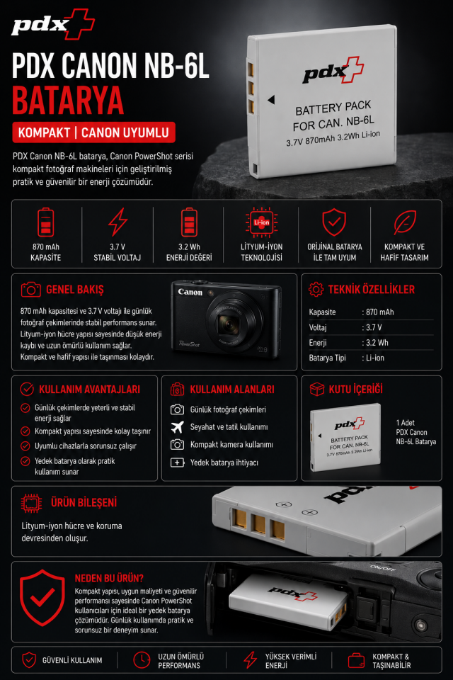 PDX Canon NB-6L Batarya | Kompakt | Canon Uyumlu