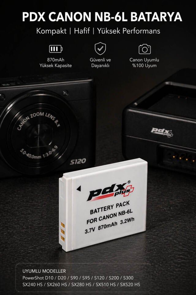 PDX Canon NB-6L Batarya | Kompakt | Canon Uyumlu