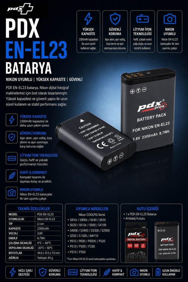 PDX Nikon EN-EL23 Batarya | Nikon Uyumlu Batarya