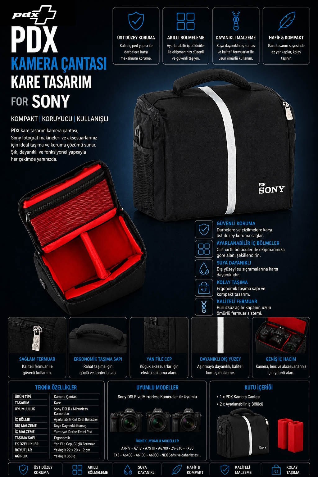 PDX Kare Tasarım Sony Kamera Çantası