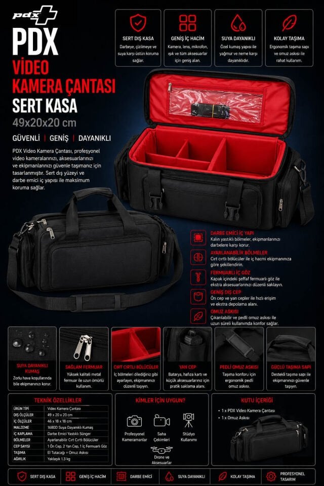 PDX Video Kamera Çantası | Sert Kasa | 49x20x20 cm