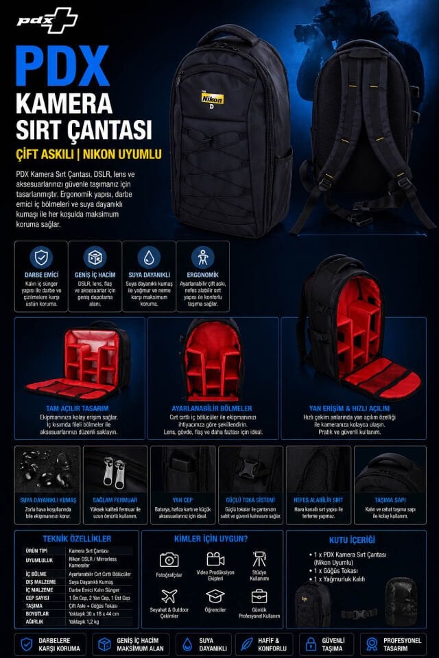 PDX Kamera Sırt Çantası | Çift Askılı | Nikon Uyumlu