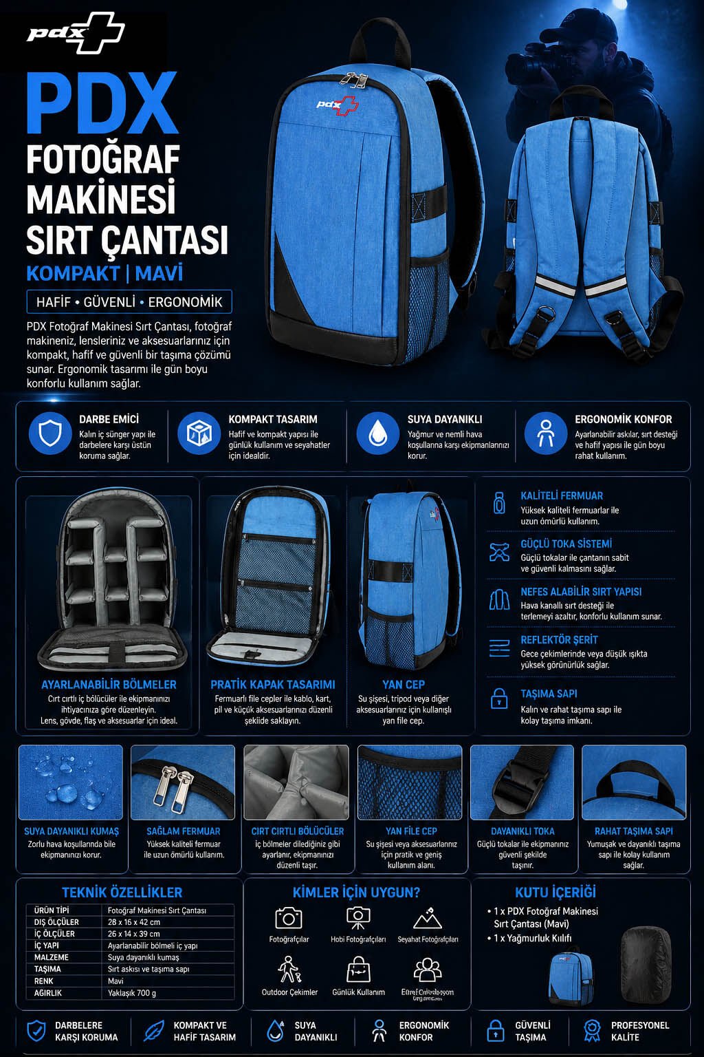 PDX Fotoğraf Makinesi Sırt Çantası - Mavi