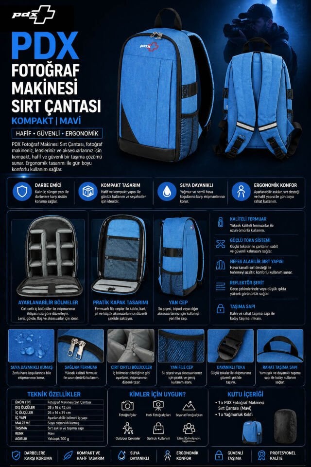 PDX Fotoğraf Makinesi Sırt Çantası | Kompakt | Mavi