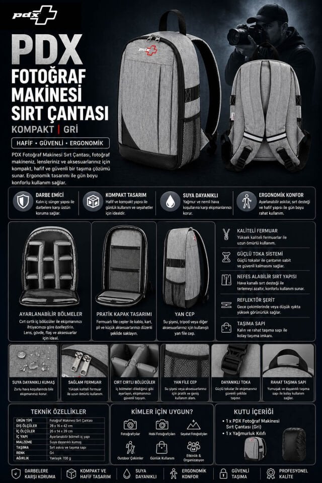 PDX Fotoğraf Makinesi Sırt Çantası | Kompakt | Gri