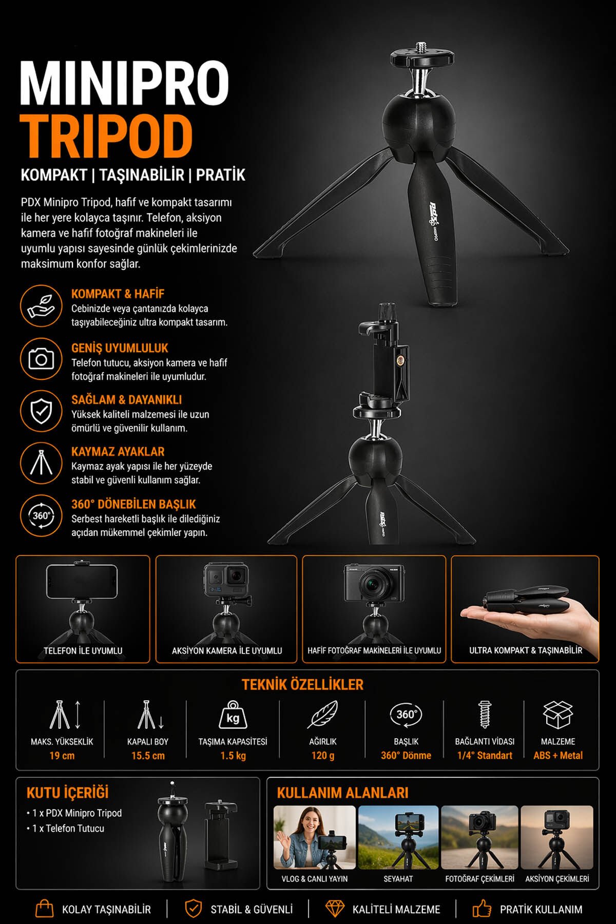 PDX Mini Pro Kompakt Masa Üstü Tripod