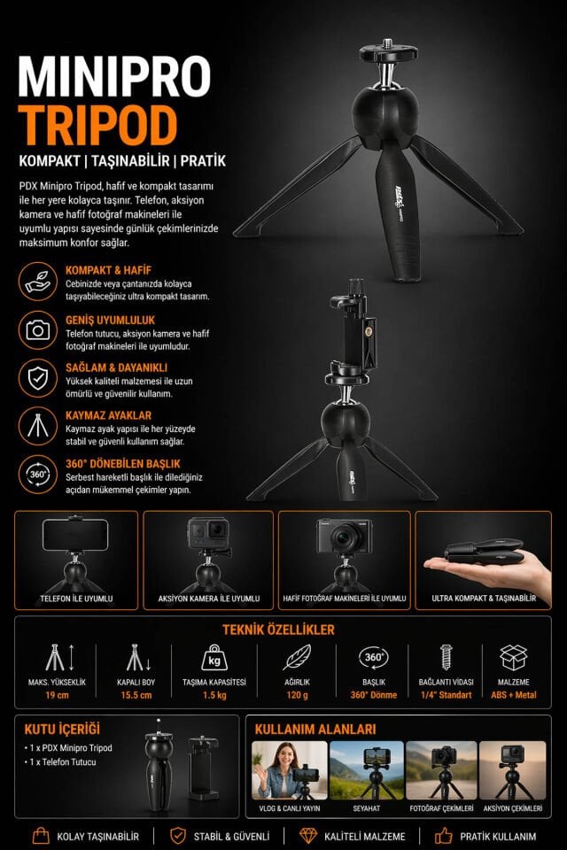 PDX Mini Pro Tripod | Kompakt | Taşınabilir