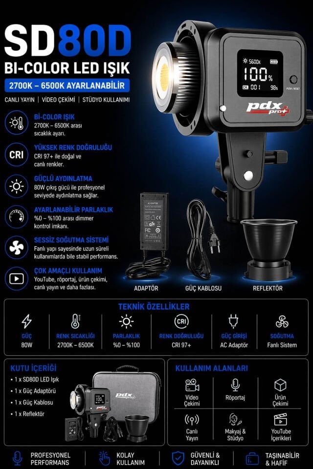 PDX SD80D Bi-Color LED Işık | Sarı Beyaz | Ayarlanabilir Işık