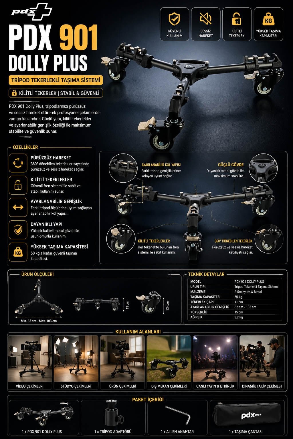 PDX 901 Dolly Plus Tripod Tekerlekli Taşıma Sistemi