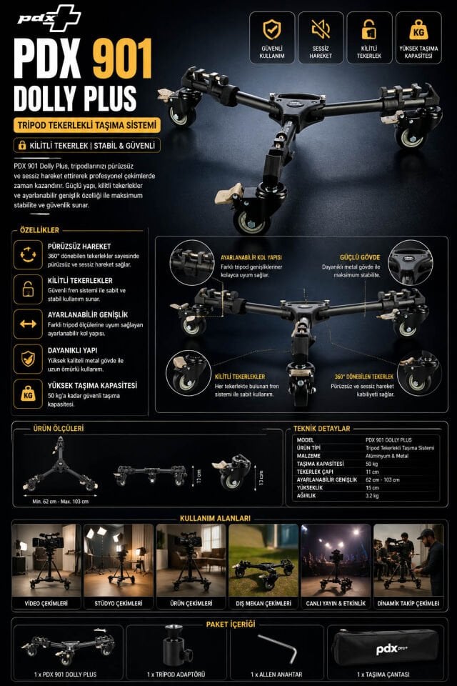 PDX 901 Dolly Plus | Tripod Tekerlekli Taşıma Sistemi | Kilitli Tekerlek