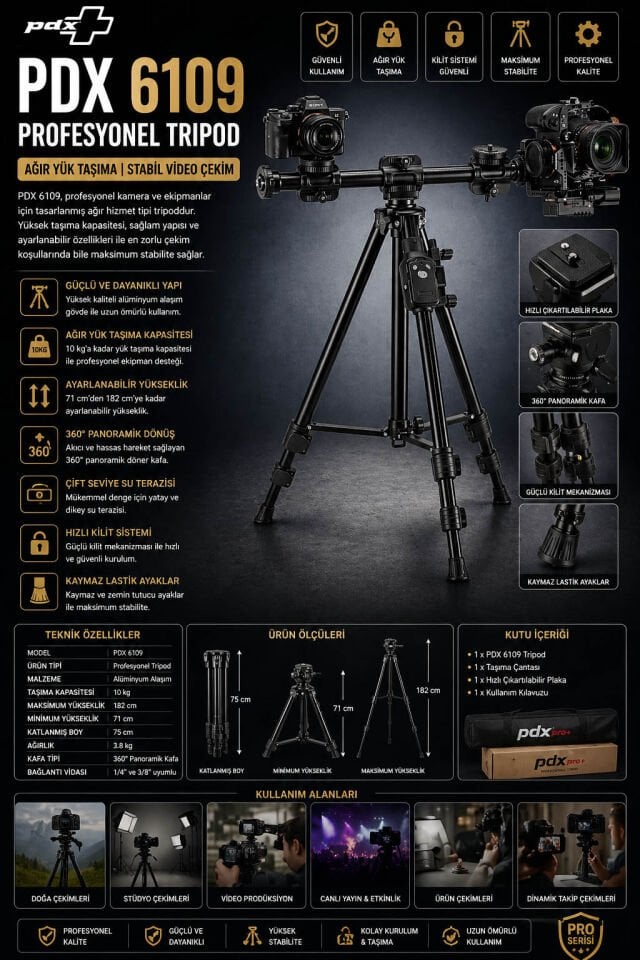PDX 6109 Profesyonel Tripod | Ağır Yük Taşıma | Stabil Video Çekim