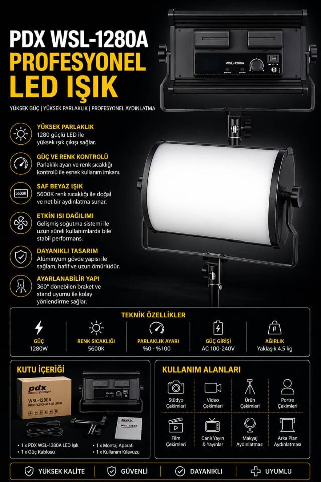 PDX WSL-1280A Profesyonel LED Işık | Yüksek Güç | Stüdyo Aydınlatma