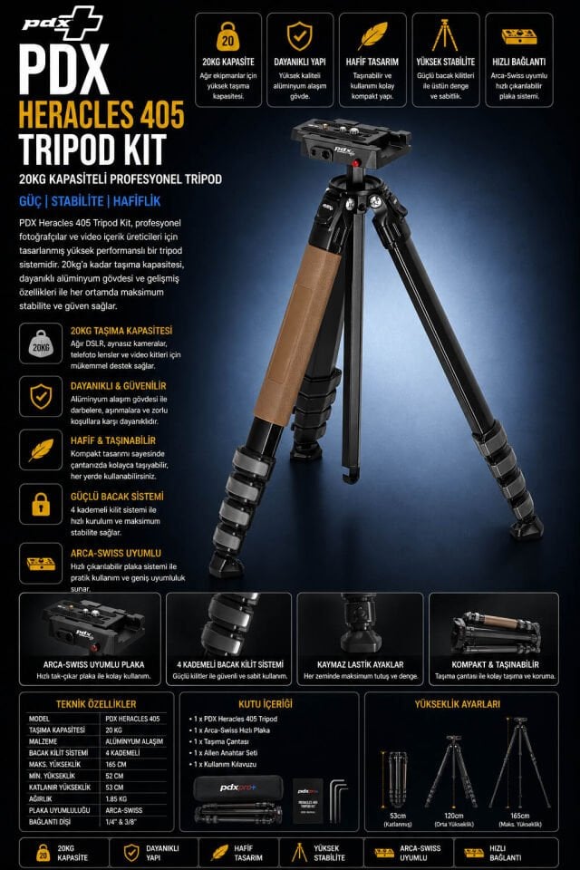 PDX Heracles 405 Tripod Kit | 20kg Kapasiteli Profesyonel Tripod