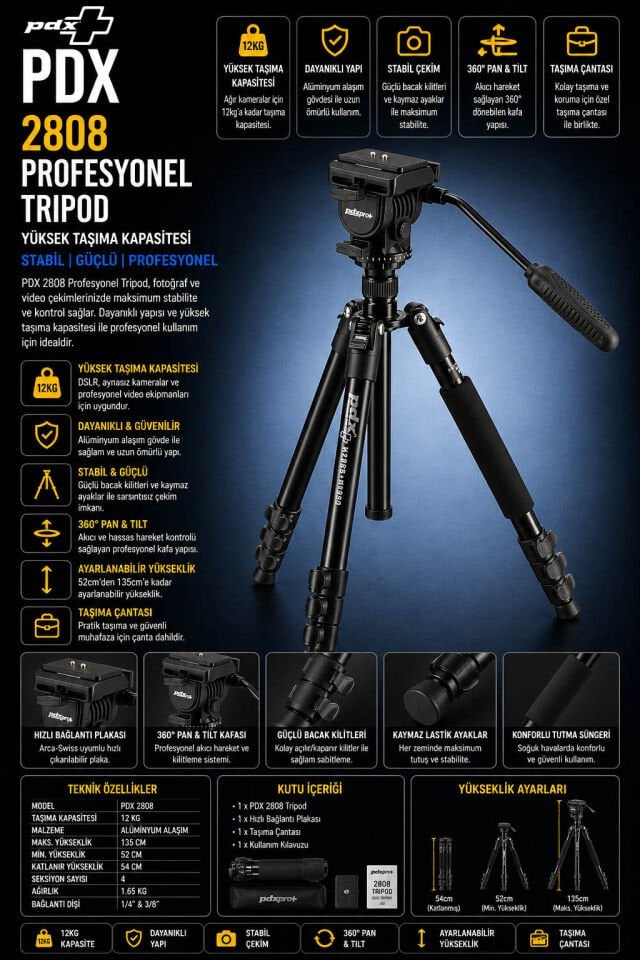 PDX 2808 Profesyonel Tripod | Yüksek Taşıma Kapasitesi | Stabil Çekim