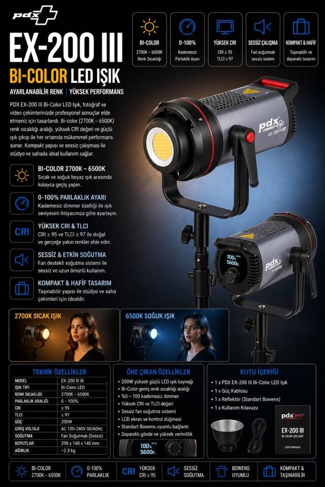 PDX EX-200 III Bi-Color LED Işık | Ayarlanabilir Renk | Video ve Stüdyo
