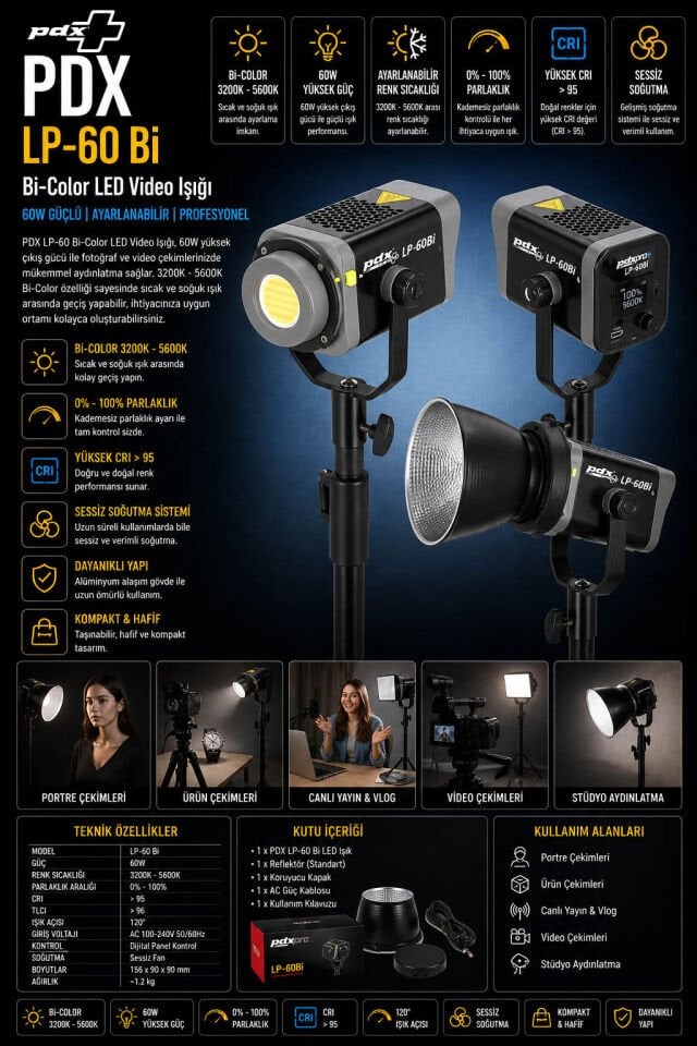 PDX LP-60 Bi-Color LED Video Işığı | 60W | Ayarlanabilir Işık