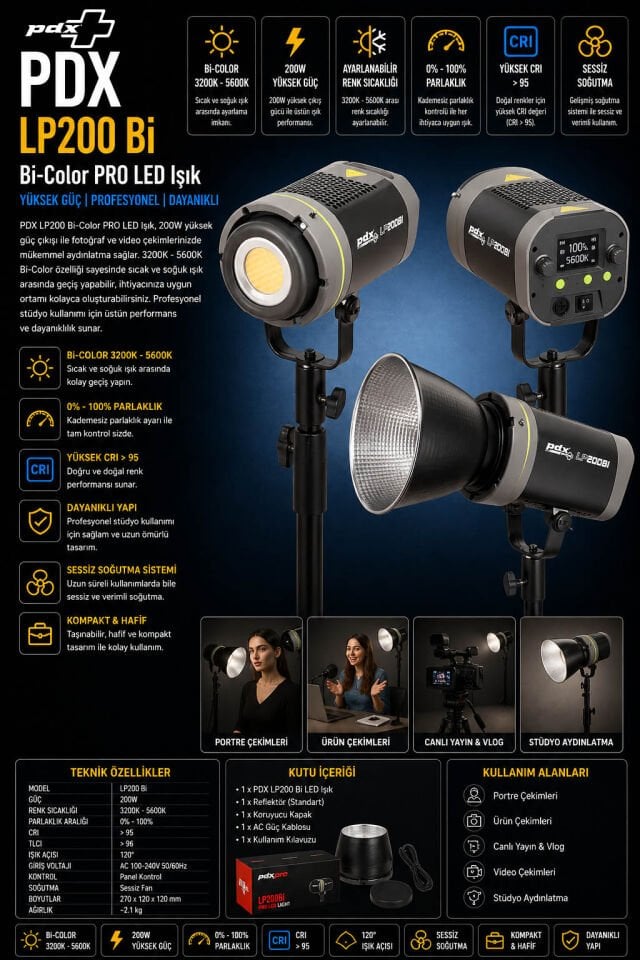 PDX LP-200 Bi-Color PRO LED Işık | Yüksek Güç | Profesyonel Stüdyo