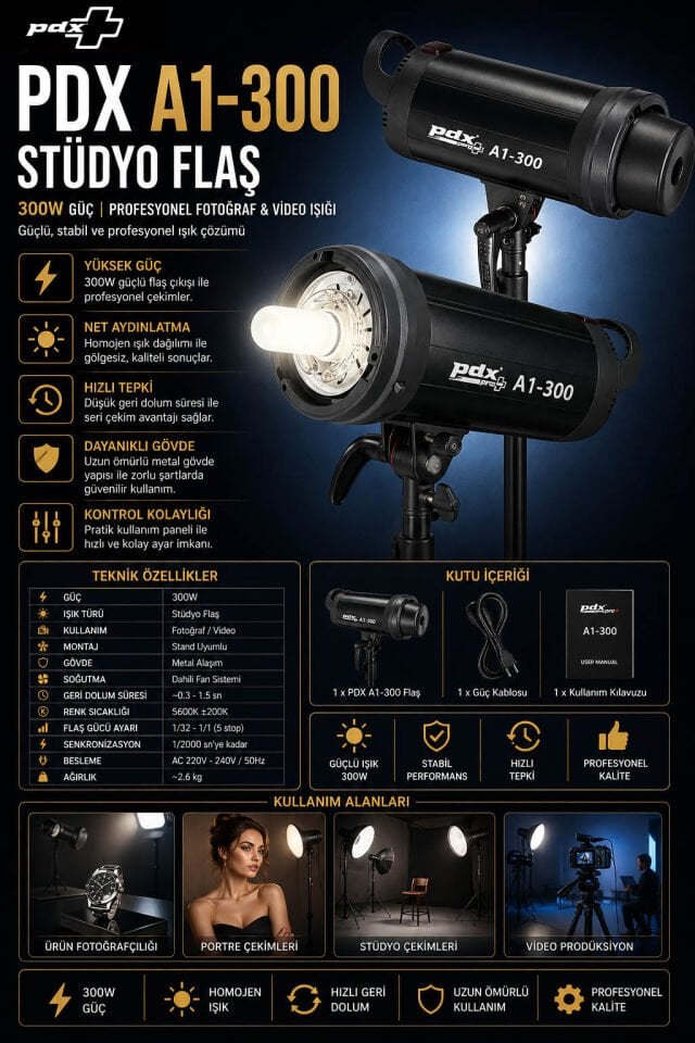 PDX A1-300 Stüdyo Flaş | 300W | Profesyonel Fotoğraf ve Video Işığı