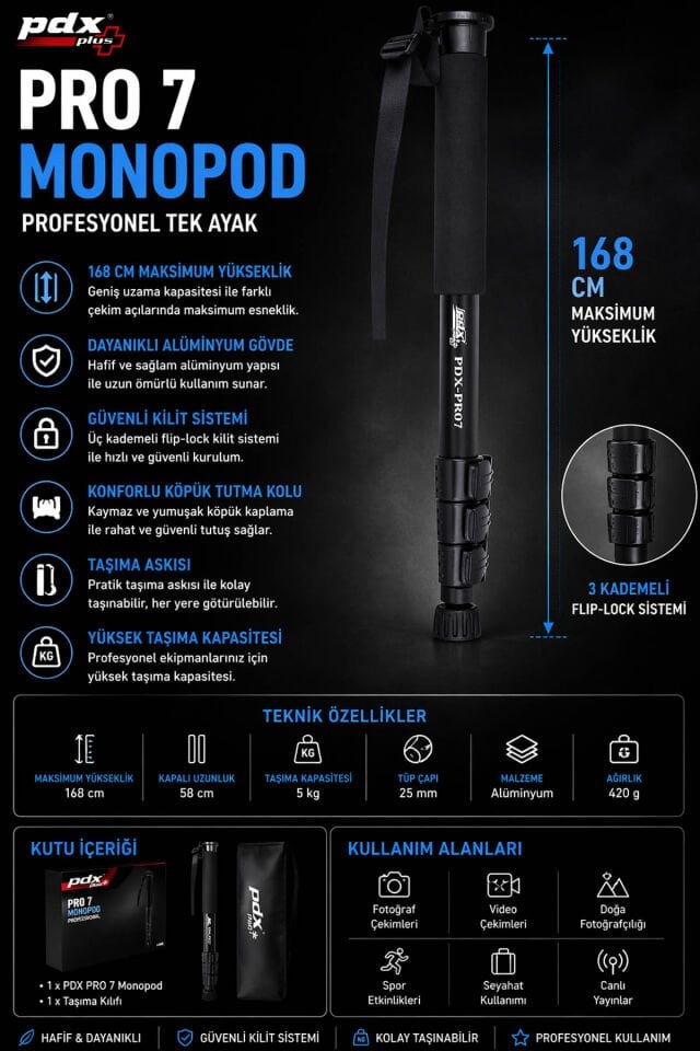 PDX PRO 7 Monopod | 168 cm | Profesyonel Tek Ayak