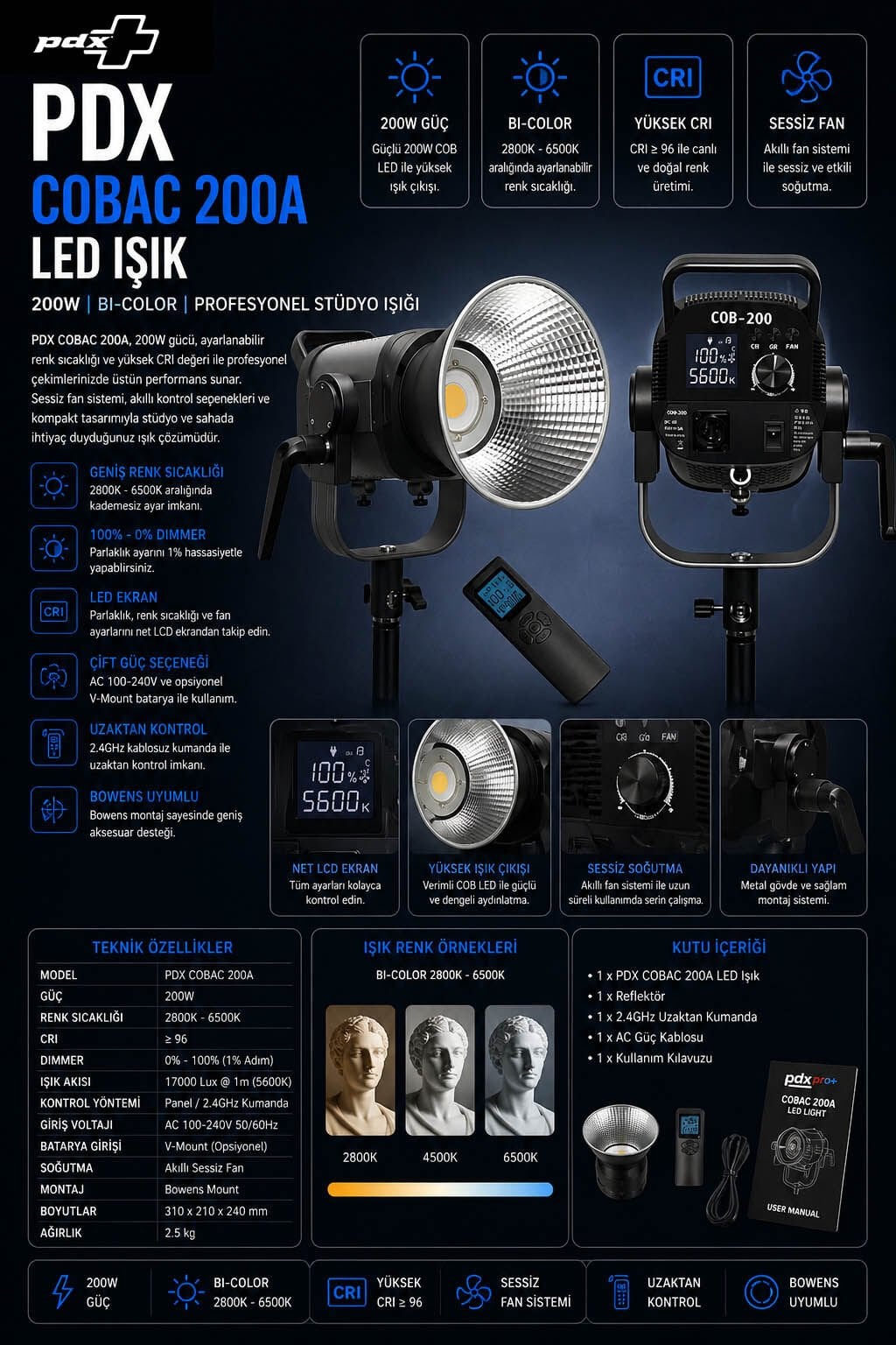 PDX Cobac 200A 200W Bi-Color LED Stüdyo Işığı