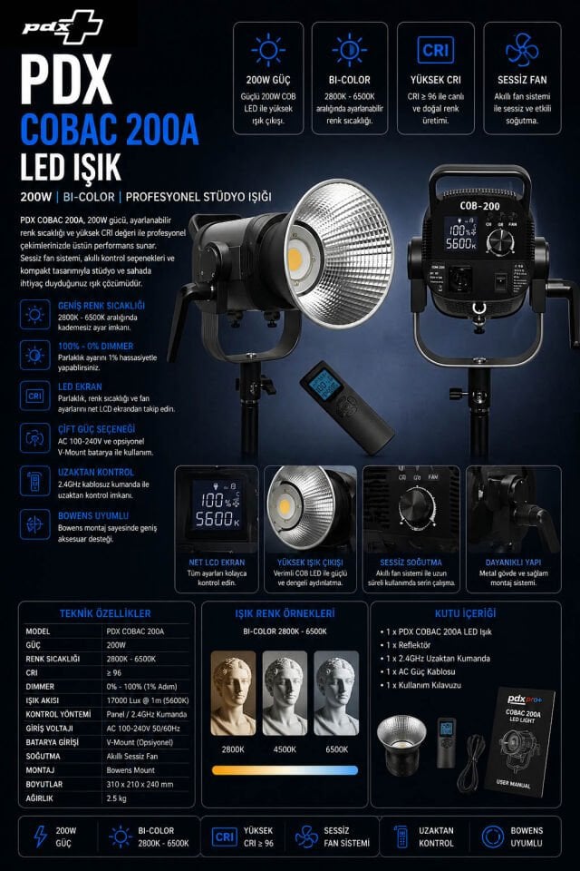 PDX COBAC 200A LED Işık | 200W | Bi-Color Profesyonel Stüdyo Işığı