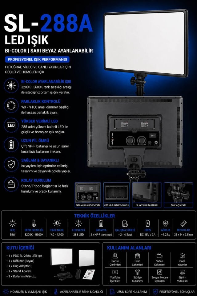 PDX SL-288A LED Işık | Bi-Color | Sarı Beyaz Ayarlanabilir