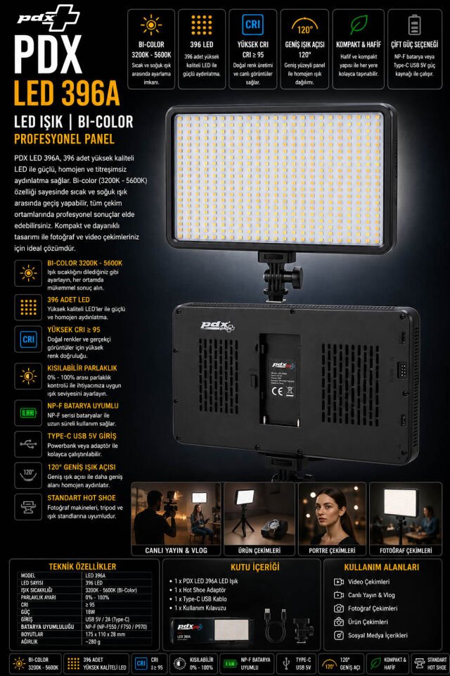 PDX LED 396A LED Işık | Bi-Color | Profesyonel Panel | PDX Türkiye
