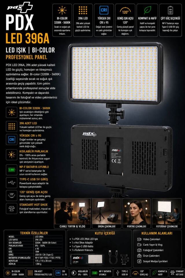 PDX LED 396A LED Işık | Bi-Color | Profesyonel Panel