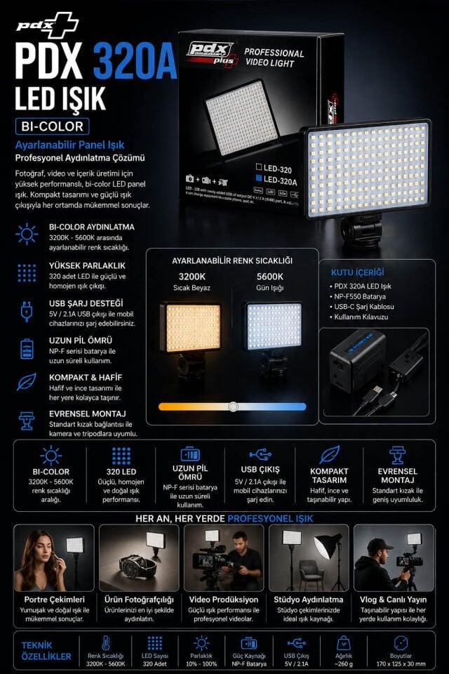 PDX 320A LED Işık | Bi-Color | Ayarlanabilir Panel
