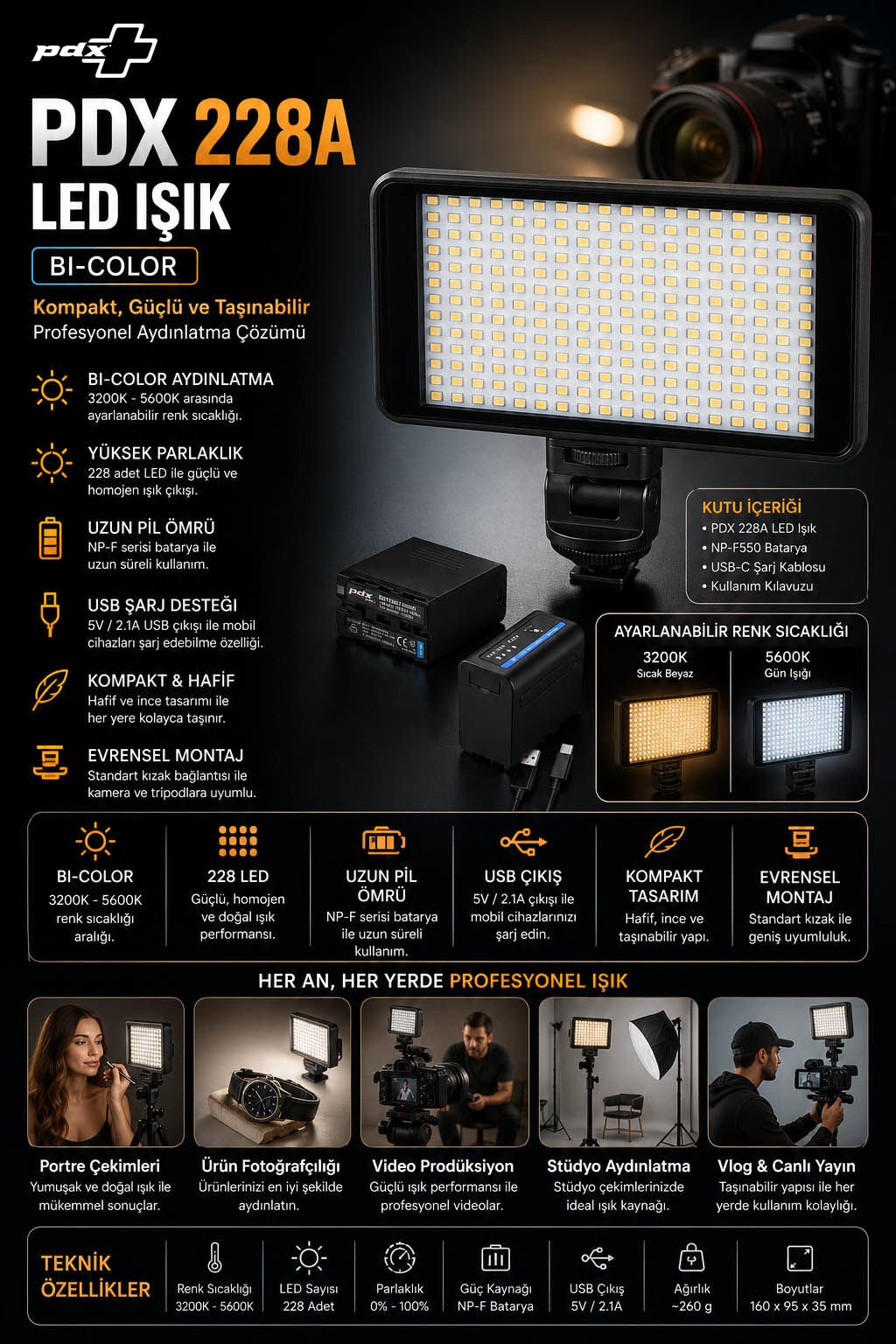PDX 228A LED Işık | Bi-Color | Kompakt Panel | PDX Türkiye