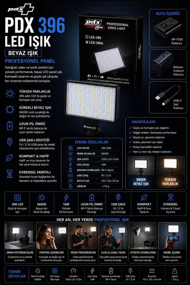 PDX 396 LED Işık | Beyaz | Profesyonel Panel